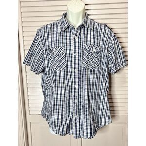 PD&C Plaid‎ Navy/White Button Up Short Sleeve Shirt  Size XL Pocket